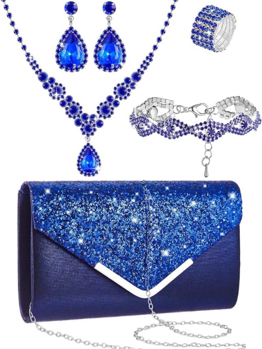 Rhinestone Jewelry Set for Prom & Weddings - Clutch Purse, Necklace, Earrings
